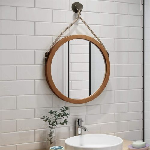  HUMAKEUP Modern Round Wall Mirror Hemp Rope Wooden Frame Makeup Hanging Mirror Home Decoration for Entrance Channel Bathroom Living Room Study (Size : Diameter 80cm)