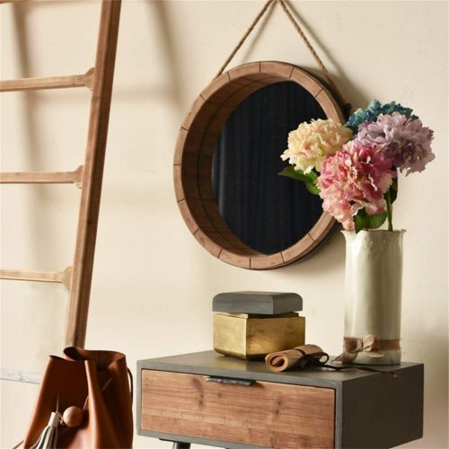  HUMAKEUP American Round Wall Mirror Hemp Rope Wooden Frame Make-up Wall Mirror Home Decoration for Entrance Channel Bathroom Living Room Study (Size : Diameter 79cm)