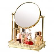 HUMAKEUP Desktop Makeup Mirror 3X Magnification with Storage Base Gold European 360° Rotating Metal Double Mirror