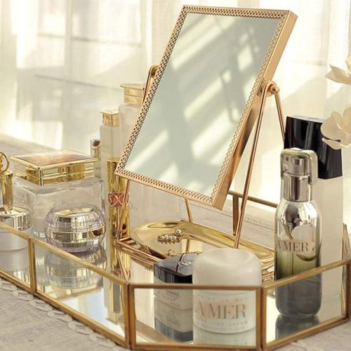  HUMAKEUP Vintage Metal Border Makeup Mirror Antique Desktop Vertical Mirror Gold for Bedroom Bathroom Dressing Table Dressing Room Rectangular/Round (Color : 15.515.524cm)