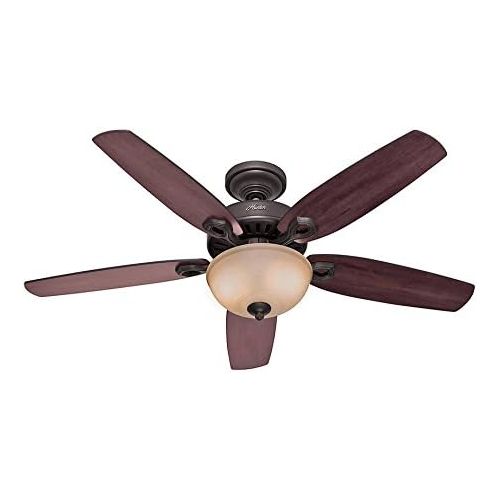  Hunter Fan Company Hunter 53091 Builder Deluxe 5-Blade Single Light Ceiling Fan with Brazilian CherryStained Oak Blades and Piped Toffee Glass Light Bowl, 52-Inch, New Bronze