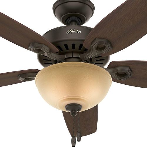  Hunter Fan Company Hunter 53091 Builder Deluxe 5-Blade Single Light Ceiling Fan with Brazilian CherryStained Oak Blades and Piped Toffee Glass Light Bowl, 52-Inch, New Bronze