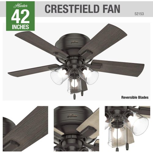  Hunter Crestfield Indoor Low Profile Ceiling Fan with LED Light and Pull Chain Control, 42, Noble Bronze