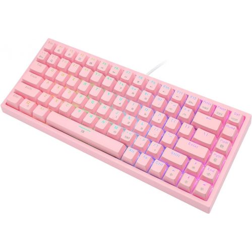  HUO JI CQ84 RGB Mechanical Gaming Keyboard, Programmable RGB Backlit, Blue Switches, USB Wired 75% Compact 84 Keys Anti-Ghosting for Mac, PC, Pink