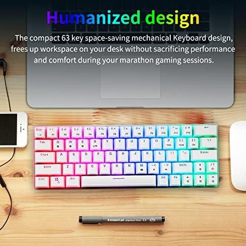  HUO JI CQ63 60% RGB Wireless Mechanical Gaming Keyboard, Authentic Cherry MX Blue Switches, Bluetooth 5.0, Wired Keyboard 63 Keys for PC Tablet Laptop Cell Phone, White