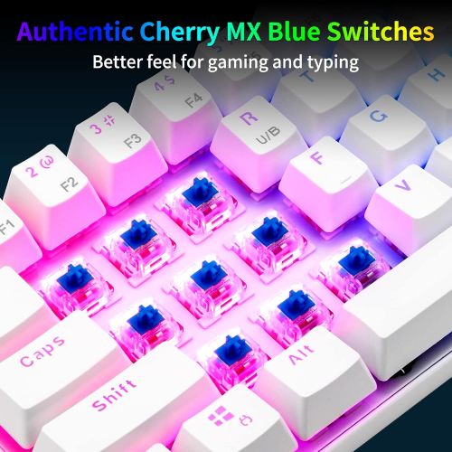  HUO JI CQ63 60% RGB Wireless Mechanical Gaming Keyboard, Authentic Cherry MX Blue Switches, Bluetooth 5.0, Wired Keyboard 63 Keys for PC Tablet Laptop Cell Phone, White