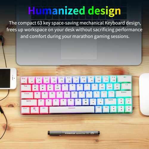  HUO JI CQ63 60% RGB Wireless Mechanical Gaming Keyboard, Authentic Cherry MX Blue Switches, Bluetooth 5.0, Wired Keyboard 63 Keys for PC Tablet Laptop Cell Phone, White