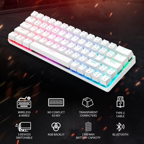  HUO JI CQ63 60% RGB Wireless Mechanical Gaming Keyboard, Authentic Cherry MX Blue Switches, Bluetooth 5.0, Wired Keyboard 63 Keys for PC Tablet Laptop Cell Phone, White