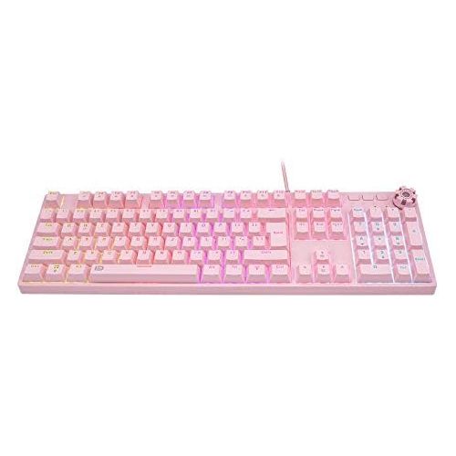  HUO JI Pink Mechanical Gaming Keyboard, USB Wired with Rainbow LED Backlit, Blue Switches, Multimedia Keys,108 Keys No Conflict