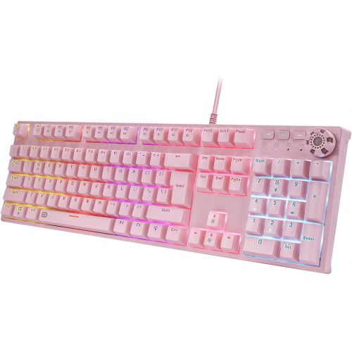  HUO JI Pink Mechanical Gaming Keyboard, USB Wired with Rainbow LED Backlit, Blue Switches, Multimedia Keys,108 Keys No Conflict