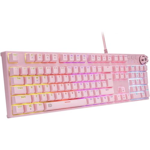  HUO JI Pink Mechanical Gaming Keyboard, USB Wired with Rainbow LED Backlit, Blue Switches, Multimedia Keys,108 Keys No Conflict