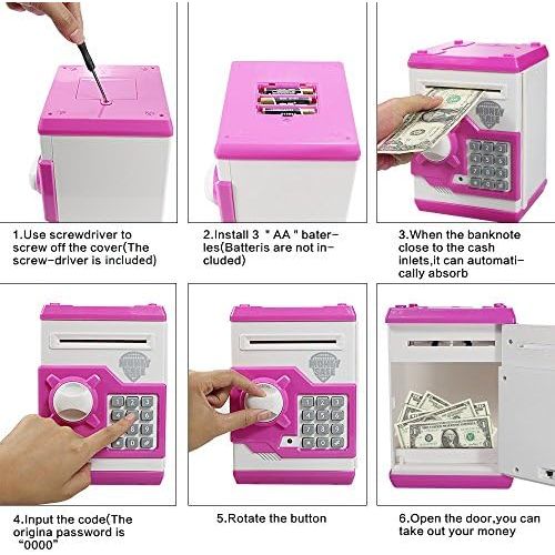 [아마존베스트]HUSAN Great Gift Toy for Kids Code Electronic Piggy Banks Mini ATM Electronic Save Money Coin Bank Box for Children Password Lock case (Pink)