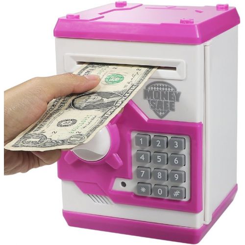  [아마존베스트]HUSAN Great Gift Toy for Kids Code Electronic Piggy Banks Mini ATM Electronic Save Money Coin Bank Box for Children Password Lock case (Pink)