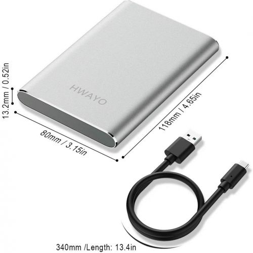  HWAYO 500GB Portable External Hard Drive, USB3.1 Gen 1 Type C Ultra Slim 2.5 HDD Storage Compatible for PC, Desktop, Laptop, Mac, Xbox One (Silver)