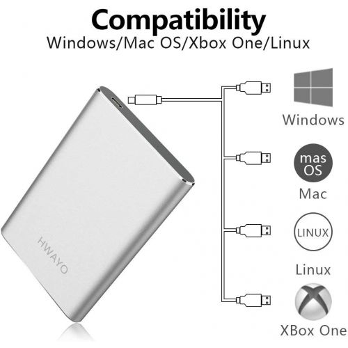  HWAYO 500GB Portable External Hard Drive, USB3.1 Gen 1 Type C Ultra Slim 2.5 HDD Storage Compatible for PC, Desktop, Laptop, Mac, Xbox One (Silver)