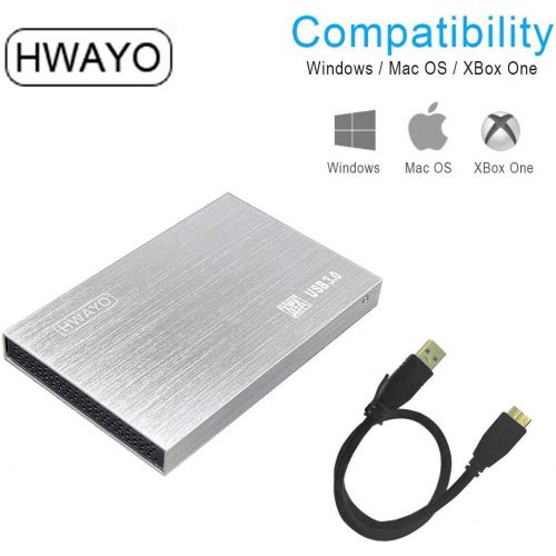  HWAYO 2.5 HDD 1TB Ultra Slim Portable External Hard Drive USB3.0 Storage for Xbox One Console, PC, Laptop, MacBook (Silver)