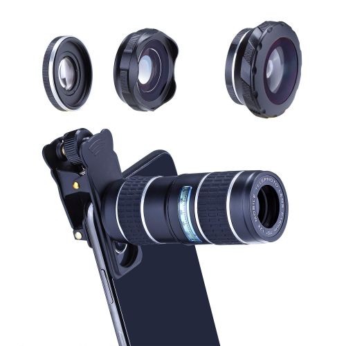  HXGD Phone Camera Lens Kit 12x Telephoto Lens 180° Fisheye Lens 0.36x Super Wide Angle Lens Macro Lens Suit iPhoneXS MaxXXR876 Samsung Andriod (Sliver)