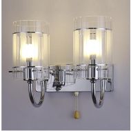 HXLMY Pull Chain Switch Wall Lamp Set of 2 Retro E27 Bedroom Bedside Metal and Glass Shade Wall Sconces, Chrome Finish