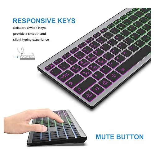  HXMJ-Full Size Wireless Bluetooth Keyboard Rechargeable,Multi-Device (BT5.0+BT3.0+2.4G),Silent Click,RGB Backlight-Gray Black