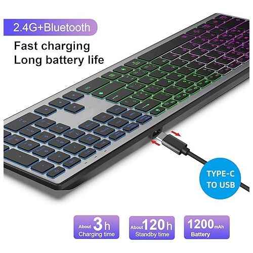  HXMJ-Full Size Wireless Bluetooth Keyboard Rechargeable,Multi-Device (BT5.0+BT3.0+2.4G),Silent Click,RGB Backlight-Gray Black