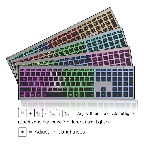  HXMJ-Full Size Wireless Bluetooth Keyboard Rechargeable,Multi-Device (BT5.0+BT3.0+2.4G),Silent Click,RGB Backlight-Gray Black