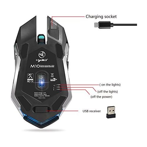  HXMJ Rechargeable 2.4Ghz Wireless Gaming Mouse with USB Receiver,7 Colors Backlit for MacBook, Computer PC, Laptop (600Mah Lithium Battery)