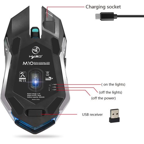  HXMJ Rechargeable 2.4Ghz Wireless Gaming Mouse with USB Receiver,7 Colors Backlit for MacBook, Computer PC, Laptop (600Mah Lithium Battery)