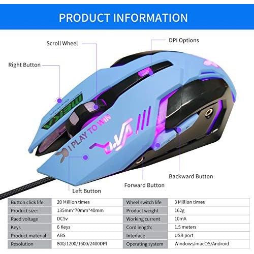  HXMJ Lovely Wired USB Computer Mice,7 Colors Backlit,3200 DPI for MacBook,Computer PC,Laptop (D.VA) (Blue)
