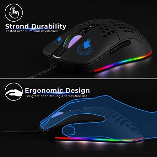  HXMJ Wired USB C Gaming Mice,Lightweight Honeycomb Shell,7 Buttons,7200DPI,5 RGB Backlit for Apple MacBook Pro 2017/2016,MacBook,Chromebook,Windows PC,Computer or Laptops with Type C Po