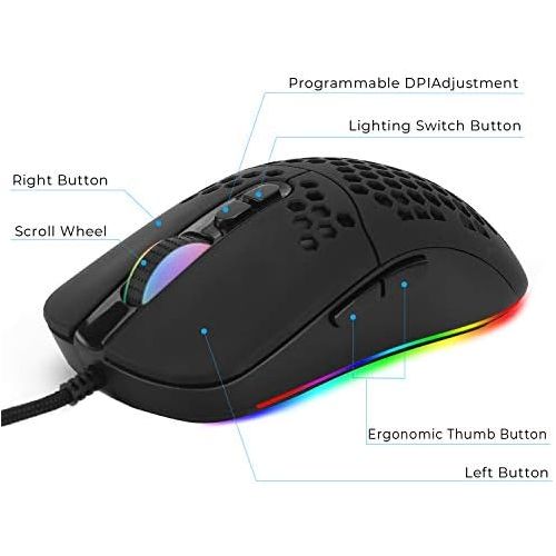  HXMJ Wired USB C Gaming Mice,Lightweight Honeycomb Shell,7 Buttons,7200DPI,5 RGB Backlit for Apple MacBook Pro 2017/2016,MacBook,Chromebook,Windows PC,Computer or Laptops with Type C Po