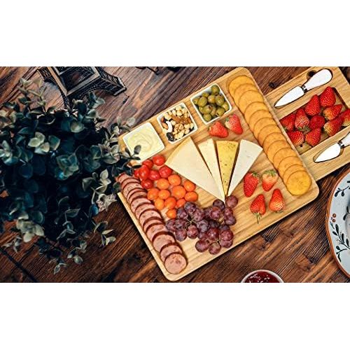  [아마존베스트]Cheese Board and Knife Set, Bamboo Charcuterie Boards Large Extra Meat Charcuttery Platter Serving Tray for Housewarming Thanksgiving Personalized Holiday Christmas Birthday Weddin