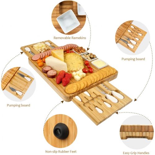  [아마존베스트]Cheese Board and Knife Set, Bamboo Charcuterie Boards Large Extra Meat Charcuttery Platter Serving Tray for Housewarming Thanksgiving Personalized Holiday Christmas Birthday Weddin