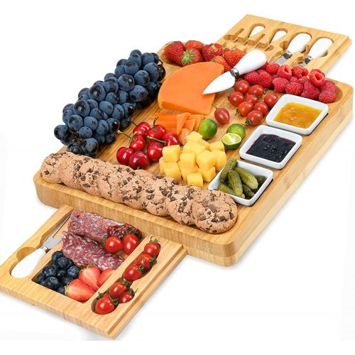  [아마존베스트]Cheese Board and Knife Set, Bamboo Charcuterie Boards Large Extra Meat Charcuttery Platter Serving Tray for Housewarming Thanksgiving Personalized Holiday Christmas Birthday Weddin