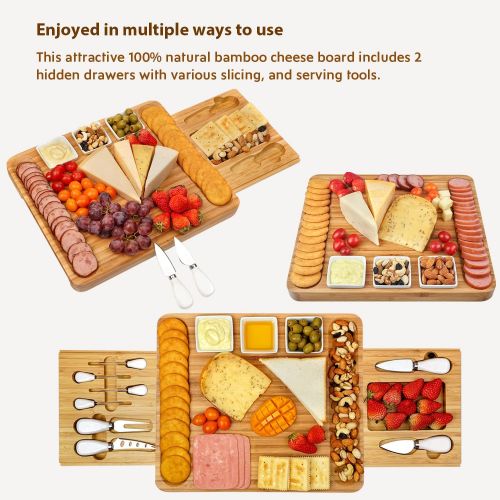  [아마존베스트]Cheese Board and Knife Set, Bamboo Charcuterie Boards Large Extra Meat Charcuttery Platter Serving Tray for Housewarming Thanksgiving Personalized Holiday Christmas Birthday Weddin