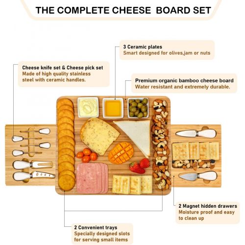  [아마존베스트]Cheese Board and Knife Set, Bamboo Charcuterie Boards Large Extra Meat Charcuttery Platter Serving Tray for Housewarming Thanksgiving Personalized Holiday Christmas Birthday Weddin