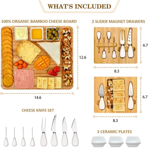  [아마존베스트]Cheese Board and Knife Set, Bamboo Charcuterie Boards Large Extra Meat Charcuttery Platter Serving Tray for Housewarming Thanksgiving Personalized Holiday Christmas Birthday Weddin