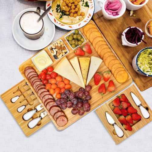  [아마존베스트]Cheese Board and Knife Set, Bamboo Charcuterie Boards Large Extra Meat Charcuttery Platter Serving Tray for Housewarming Thanksgiving Personalized Holiday Christmas Birthday Weddin