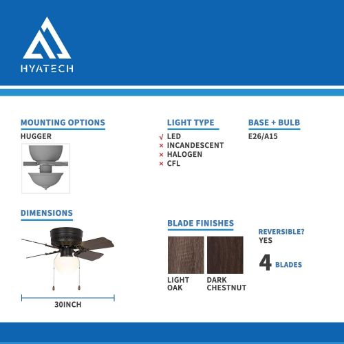  HYATECH 30 Inches SMALL TINY MINI Hugger Pull Chain Indoor Ceiling Fan, Low Profile Flush Mount Ceiling Fan with light, Reversible Blades for Living room, Bedroom, Basement, Kitche