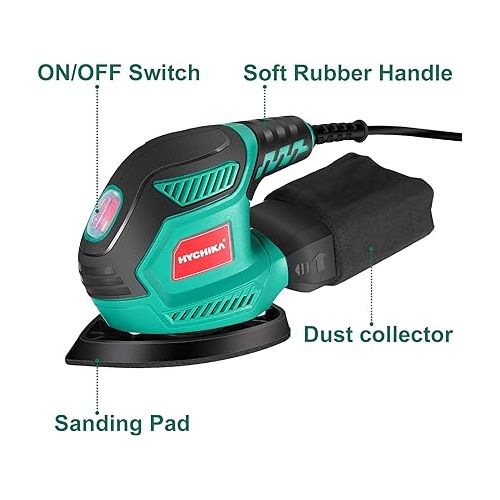  HYCHIKA Detail Sander, 14,000 OPM Compact Electric Sander Tool with 12 Pcs Sandpapers,Efficiency Dust Collection System,Suitable for Tight Spaces Sanding,Polishing,Removing Paint in Home Decoration