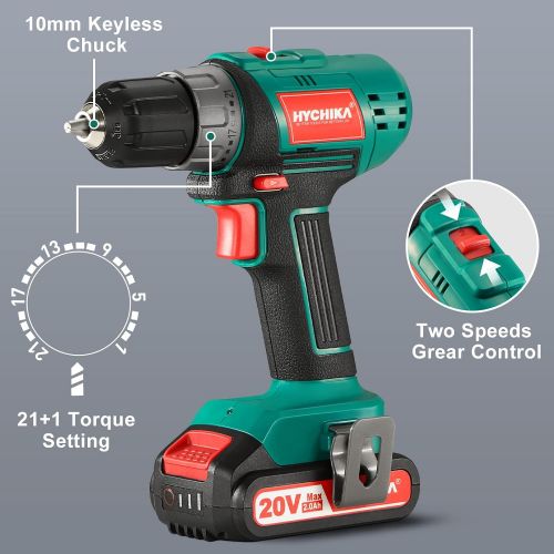  HYCHIKA BETTER TOOLS FOR BETTER LIFE Cordless Drill Driver and Impact Driver 20V, HYCHIKA Drill Combo Kit, 2x2.0Ah Batteries, 1H Fast Charging, 22PCS Accessories for Drilling Wood, Metal and Plastic