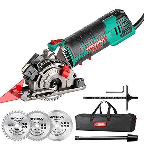  HYCHIKA BETTER TOOLS FOR BETTER LIFE Mini Circular Saw, HYCHIKA Compact Circular Saw Tile Saw with 3 Saw Blades 4A Pure Copper Motor, 3-3/8”4500RPM Ideal for Wood, Soft Metal, Tile and Plastic Cuts, Laser Guide, Scale