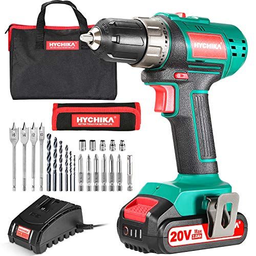  HYCHIKA BETTER TOOLS FOR BETTER LIFE Cordless Drill Driver 20V, HYCHIKA Power Drill Set 330 In-lb Torque,1500 RPM,2.0Ah Li-Ion Battery, 1H Fast Charger, 21+1 Clutch, 2 Variable Speed & Built-in LED for Drilling Wood,