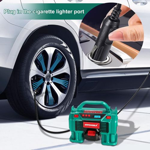  HYCHIKA BETTER TOOLS FOR BETTER LIFE Air Compressor Tire Inflator, HYCHIKA 160PSI Portable Inflator with Pressure Gauge, 12V DC/20V 2.0Ah Battery Dual Power Supply, 1H Fast Charger, LED Light for Tires Balls and Other