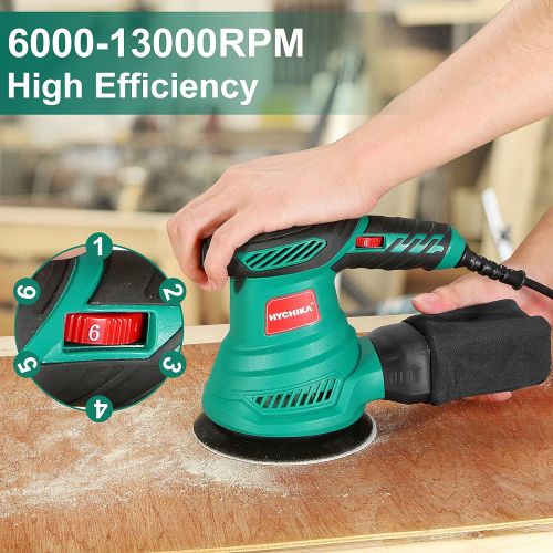  HYCHIKA BETTER TOOLS FOR BETTER LIFE 2.5 Amp Random Orbital Sander, HYCHIKA 5-Inch Electric Orbital Sander with 6 Various Speeds, 13000RPM Power Sander with 12 Pcs Sandpapers, 1 Pcs Dust Bag, Fit for Woodworking/Sandi