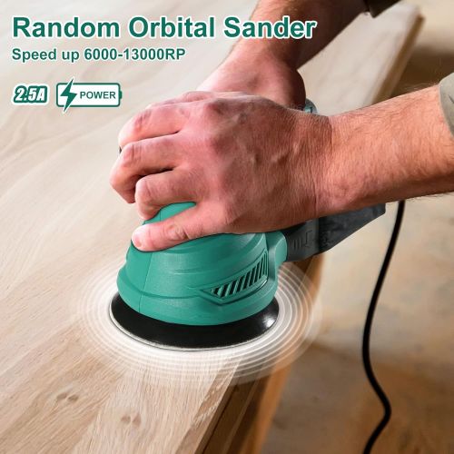  HYCHIKA BETTER TOOLS FOR BETTER LIFE Orbital Sander, HYCHIKA 6 Variable Speeds 13000 RPM Random Orbit Sander, 2.5A 5-inch Electric Sander with 12 Pcs Sandpapers, Hook & Loop Dust Collector, Ideal for DIY Woodworking S