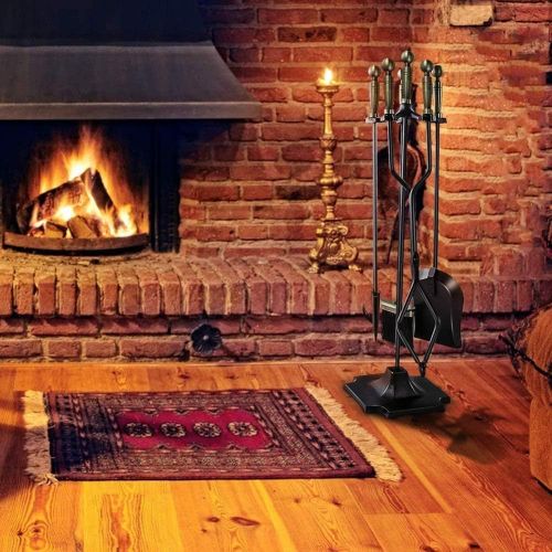  HYDT Fireplace Tools Sets 5 Piece, Coal Fire Wood Burner Accessories Fire Companion Set, for Stove Hearth Wood Burner, Easy to Carry