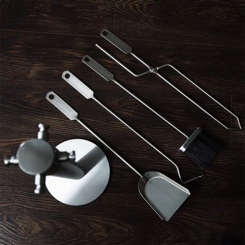  HYDT Silver Wood Stove Hearth Tool Set 5 Pieces, Contemporary Fire Companion Set for Fireplace Decor, Can as
