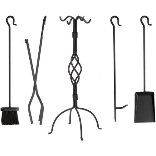  HYDT Fireplace Tools Set 5 Pieces, Wrought Iron Wood Stove Hearth Tool Set with Brush, Shovel, Tong, Poker and Stand Base, 28 in