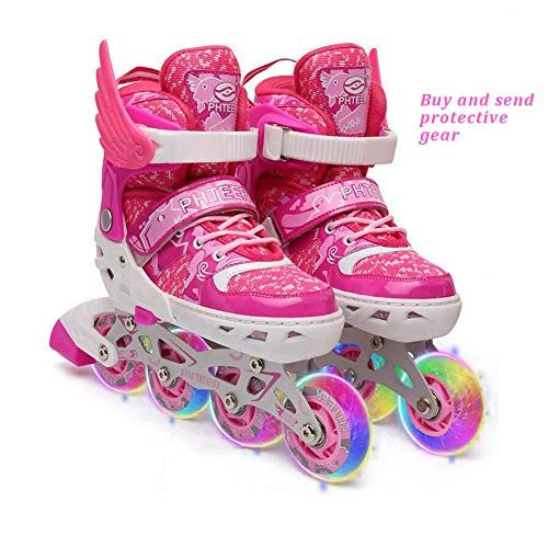  HYM Verstellbare Inline-Skates mit Light Up Wheels Beginner Roller Fun Flashing Illuminating Roller Skates for Kids Boys and Girls (Senden Sie eine komplette Schutzausruestung),Pink