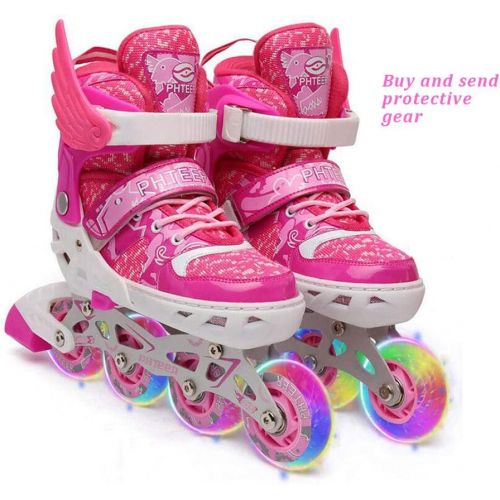  HYM Verstellbare Inline-Skates mit Light Up Wheels Beginner Roller Fun Flashing Illuminating Roller Skates for Kids Boys and Girls (Senden Sie eine komplette Schutzausruestung),Pink